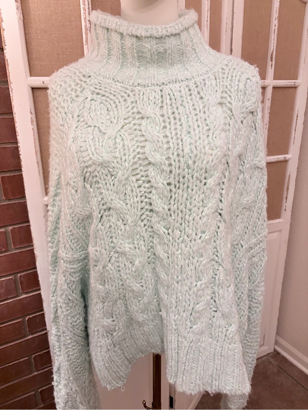 Anthropologie Fisherman Cable Knit Mock Neck Sweater M Mint Green NWT